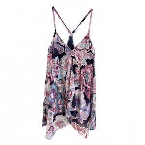 Beach House | Blue Pink Purple Sheer Over Navy V Neck Swim Dress Size 10